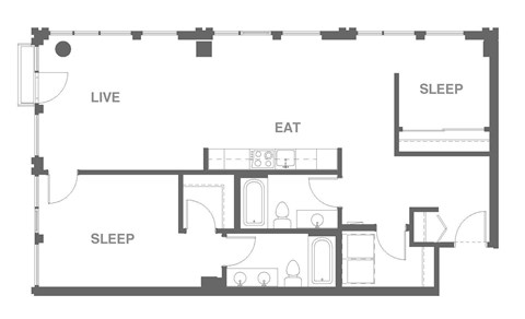 Floor plan for 2 beds, 2 baths, 1091 sqft